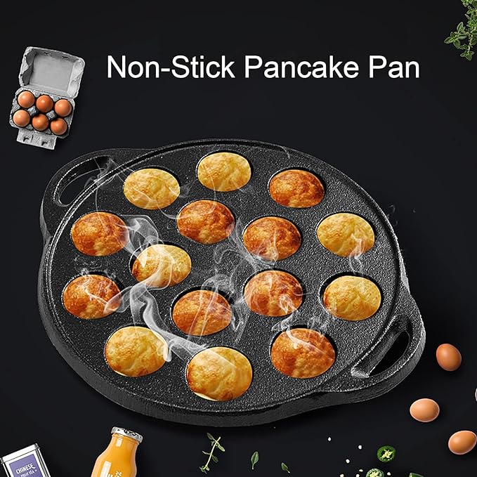 WUWEOT Non-Stick Takoyaki Pan, 1.5" Diameter Pre-Seasoned Cast Iron Octopus Ball Grill