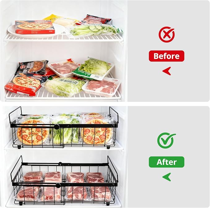 Tanice 2 Pack Freezer Organizer Bins, Expandable Stackable Chest Freezer Organizer with Foldable Handle, Thickened Metal Freezer Baskets for Deep Freezer, Kitchen Pantry - Black