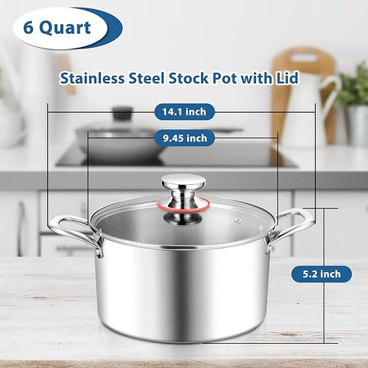 E-far 6 Quart Stock Pot, Tri-Ply Stainless Steel Cooking Pot with Glass Lid and Riveted Handles, Metal Pasta Soup Pot for Induction Ceramic Electric Gas Stoves, Heavy Duty & Dishwasher Safe