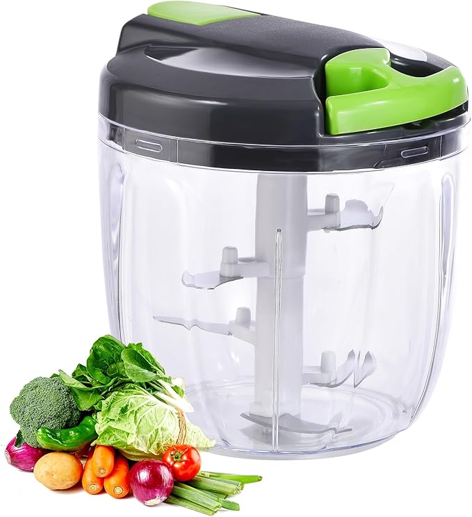 Ziweaye Manual Food Processor Vegetable Chopper, Portable Hand Pull String Garlic Mincer Onion Cutter for Veggies, Ginger, Fruits, Nuts, Herbs, etc., （900ml,Gray-green）