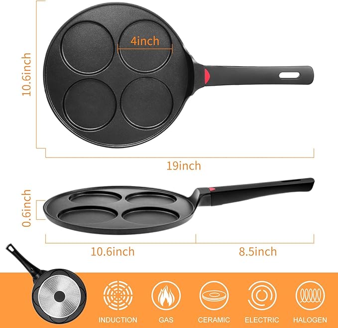 CAINFY Pancake Pan Nonstick-Suitable for All Stovetops & Induction Cooker, 10.5 Inch Mini Silver Dollar Grill Blini Griddle Crepe Pan, 4 Molds Cake Egg Skillet, 100% PFOA Free Coating