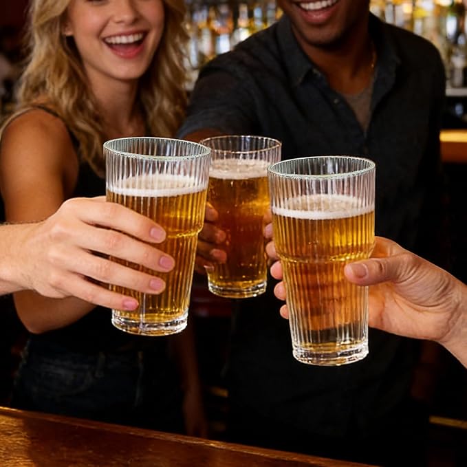 Etolies 6 Pack Ribbed Glass Tumblers, 18oz Glass Cups, Highball Glasses,Clear Glassware, Drinking Glasses for Iced Coffee, Water, Juice,Cocktails, Barware,Beer, Iced Tea & Gifts for Dad