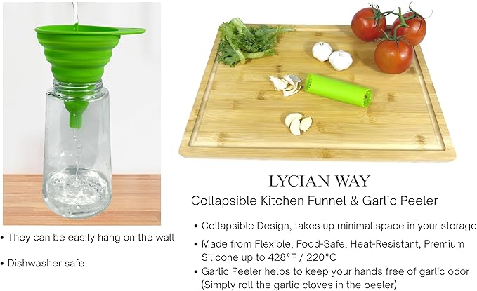 Clip on Strainer Silicone for All Pots and Pans, Colander, Pot Strainer for Pasta, Meat, Vegetables, Space Saving Design, Food-Safe w/Collapsible Funnel, Garlic Peeler, 3 Pack(Lime Green)