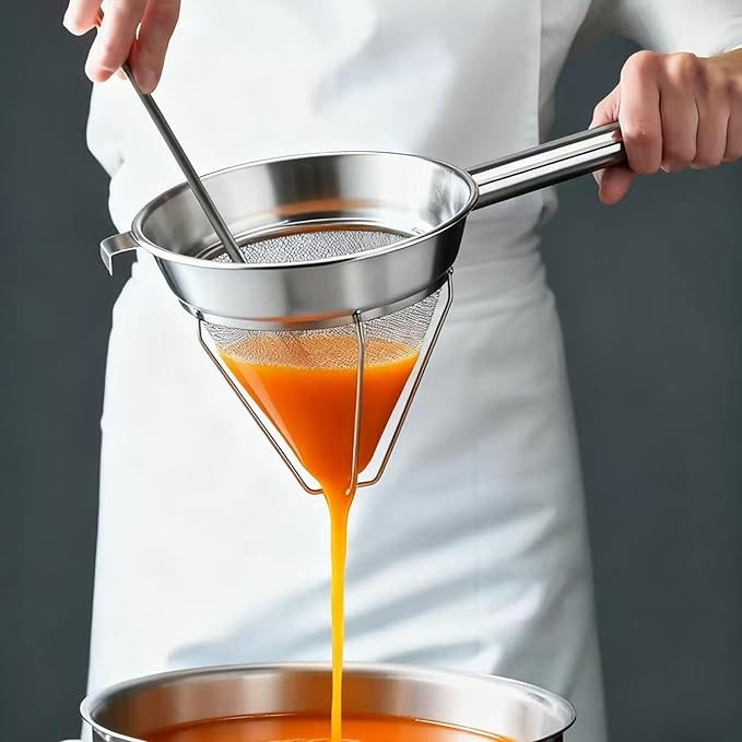 Stainless Steel Fine Mesh Chinois Strainer, Reinforced Bouillon Strainer for Sauces, Soups, Purees, Pastes, Jelly, Custard, Curds and etc.,8-Inch