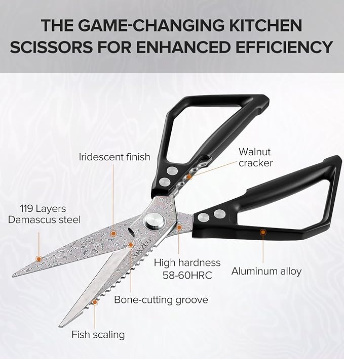 XINZUO Multi-Purpose Kitchen Shear,119 Layers Damascus Steel Heavy Duty Kitchen Scissors(Food-Grade Lridescent Finish), For Meat/Herbs/Poultry,With Black Aluminum Alloy Handle