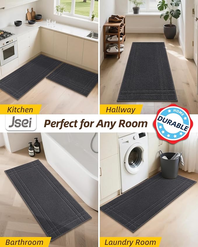 JSEI Kitchen Mats for Floor, Non-Slip Kitchen Rugs, Soft Washable Absorbent Kitchen Mats 2 PCS, Kitchen Runner Rug with TPR Backing, Polyester, 20"x32"+20"x48", Dark Grey