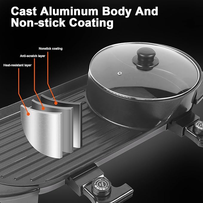 Electric Hot Pot with Grill 2 in 1 Shabu Shabu Hot Pot Korean BBQ Grill Removable Nonstick Smokeless Dual Temperature Durability Adjustable Thermostat