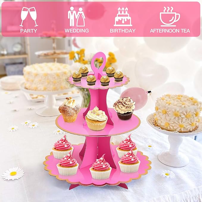 Soleebee 3-Tier Cupcake Stand, Cardboard Cupcake Tower, Cup Cake Stand Tower for Birthday Wedding Party Decoration, Cupcake Tier Stand Fruit Desserts Display 1 Set (Hot Pink Gold)