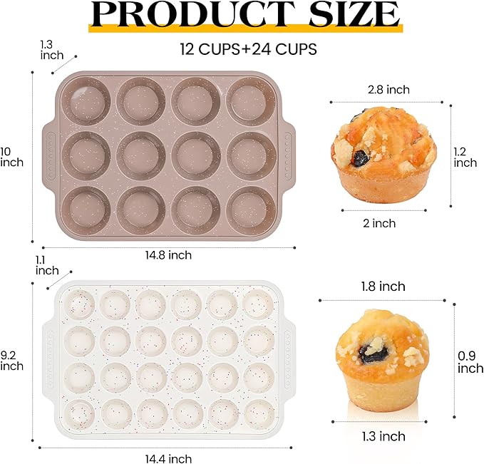 AOTASO 2 Pcs Silicone Muffin Pans for Baking with Metal Reinforced Frame, Nonstick Cupcake Tray for Oven, 12 Cups Regular and 24 Cups Mini Size Silicone Molds for Egg Bites (Brown, Cream)