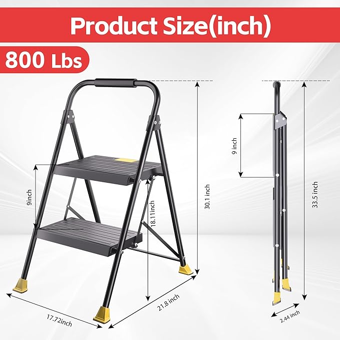 Step Ladder Foldable Folding Stool - for Home Adults Kitchen 2 Stepping Extension Tall Heavy Duty with Handrails - Closet Stepstool Stair Ladders Extendable Stepladder for Indoor House 800Lbs