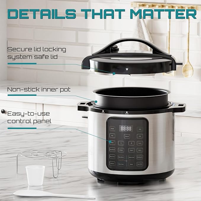 OLIXIS Electric Pressure Cooker 8 Quart Stainless Steel Multi Cooker Electric for Pressure 16-in-1 Rice, Steamer, Yogurt Maker, Slow Cook,Meat Stew, Cake, Saute, Multigrain