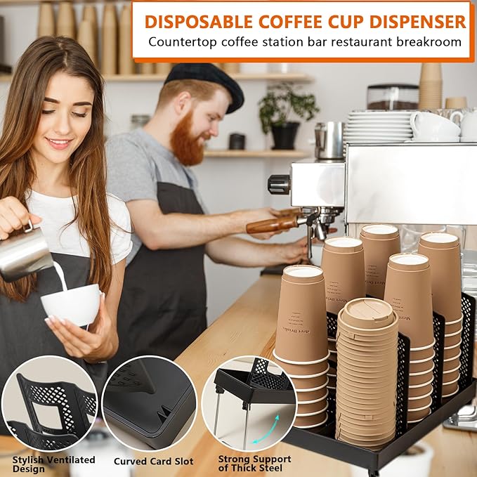 Cup and Lid Holder, Adjustable Coffee Cup Organizer 6 Compartment, Disposable Paper Cup Dispenser fits 8-22oz, Plastic Cup Storage Rack for Coffee Station Bar Countertop Breakroom, Station