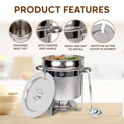 11 QT Soup Chafer Station with Contemporary Marmite Water Pan, Stainless Steel, Including Fuel Holder & 6 Oz Ladle - Perfect for Buffets, Catering, and Events