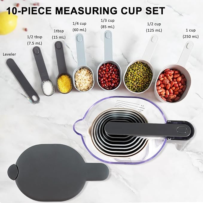 Measuring Cups and Spoons set 11-Piece, Stackable Measuring Cup with Lid and Cookie Scoop (#50), BPA Free, Dishwasher Safe, Cooking Baking Gadgets