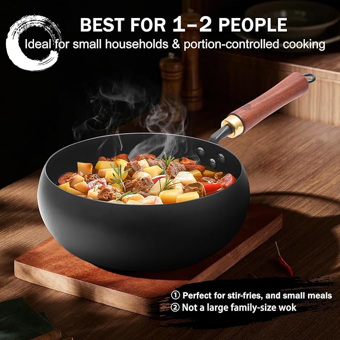 WANGYUANJI Iron Wok Pan 9.5-Inch for 1–2 People, Flat Bottom Stir Fry Wok with Lid & Spatula,Uncoated & Unseasoned Bare Iron, Heavier Design for High-Heat Cooking, Induction Compatible