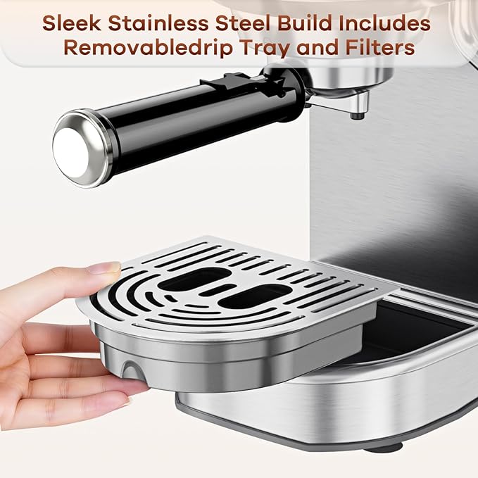 ANYCOLD Espresso Machine, 20 Bar Compact Espresso Maker with Steam Milk Frother, Stainless Steel Expresso Machines for Home, 34oz Removable Water Tank for Latte, Cappuccino, Silver