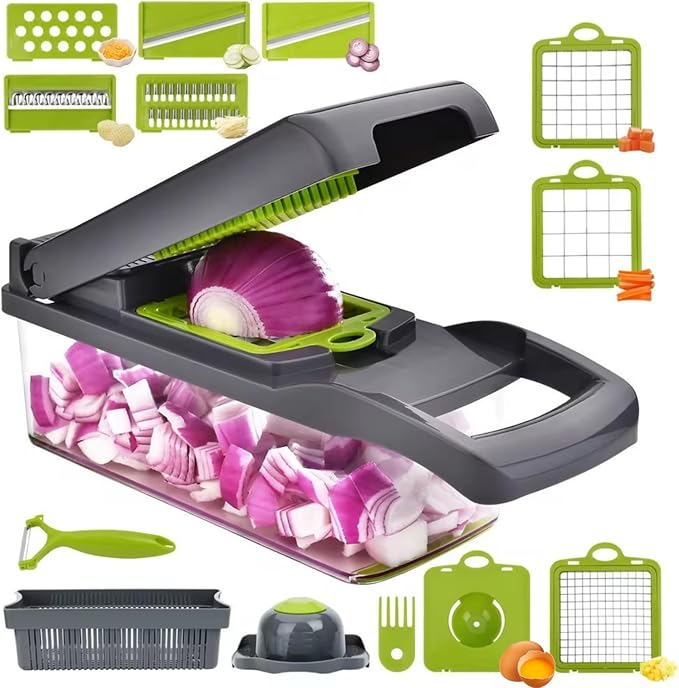 Vegetable Chopper,16-in-1 Multifunctional use for - Onion Chopper, Mandoline Slicer, Veggie Cutter with 8 Blades,Food Slicer, Dicer,Vegetable Cutter & Draining Basket Grater With Container