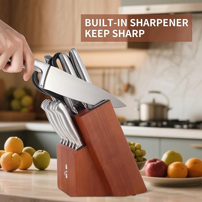 15Pcs Knife Set with Block, 50Cr15MoV High Carbon Stainless Steel Kitchen Knife Set, Sharp and Durable, Hundreds of Years of Masterful(Silver)