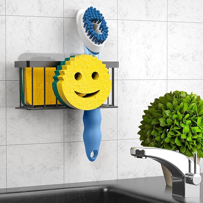 Sponge Holder Smiley Face, Caddy for kitchen Sink, Kitchen Organizer Sponge Holder with 2 PCS Suction Cups/1 PCS Adhesive Strips, Designed for Sponge, Soap, Dish brush, Scrubber-Black
