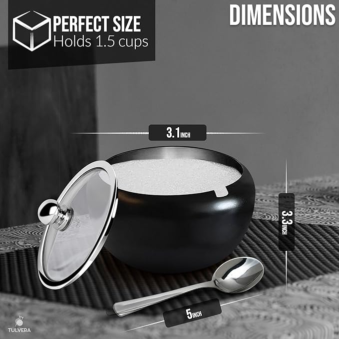Sugar Bowl with Lid and Spoon | 12oz Sugar Container for Coffee Bar | Stainless Steel Holder Jar for Salt, Tea, Candy, Sugar Cube, Brown Sugar, Ghee | Kitchen Countertop Storage Accessories | 350ml