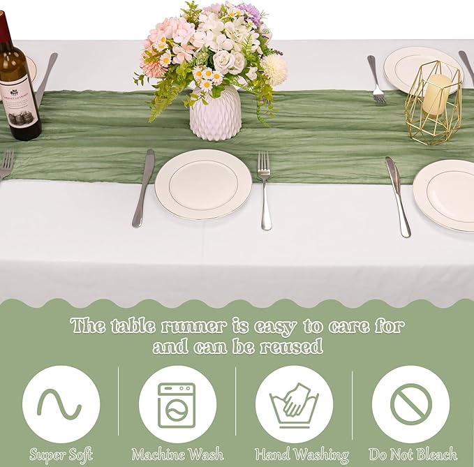 10 Pack Sage Green Cheesecloth Table Runner 10FT Boho Gauze Fabric Table Runner Vintage Rustic Sheer Runners for Wedding Party Bridal Baby Shower Long Table Decorations