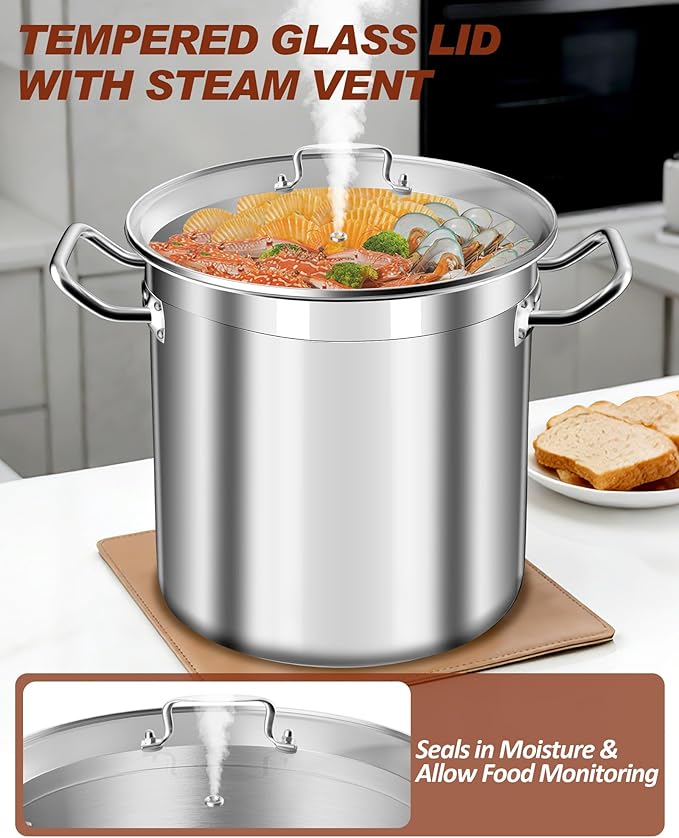 24 Quart Stainless Steel Stock Pot with Glass Lid – Heavy Duty Cooking Pot for Soup, Stew, Pasta – Induction Compatible, Dishwasher Safe – Ideal for Home & Commercial Use