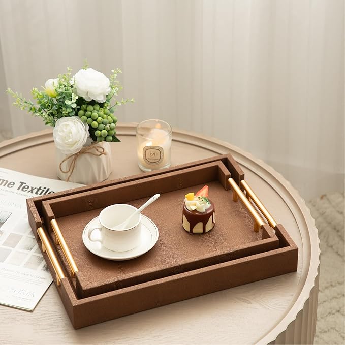 Set of 2 Decorative Tray Brown Shagreen Leather Tray, Modern Rectangle Serving Trays with Gold Polished Metal Handles, Ottoman Coffee Table Perfume Kitchen Trays Home Decor