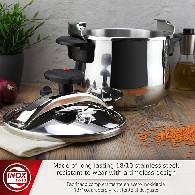 MAGEFESA Star Belly Pressure Cooker 8.4 Qt – 18/10 Stainless Steel, Rounded Bottom, 3 Safety Systems, Works on All Stovetops Including Induction, 8 PSI