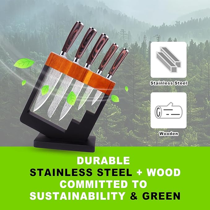 5 Piece Kitchen Knife Set with Block - High Carbon Stainless Steel Sharp Blade Chef Knives Sets with Ergonomic Wood Handle, Kitchen Knife Block Set for Home Cooking -5