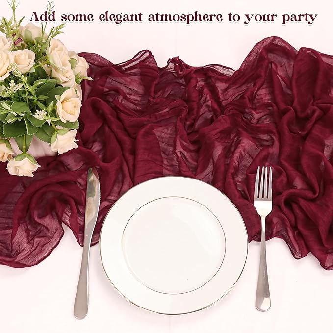 10 Pack Burgundy Cheesecloth Table Runner 10FT Boho Gauze Fabric Table Runner Vintage Rustic Sheer Runners for Wedding Party Bridal Baby Shower Long Table Decorations
