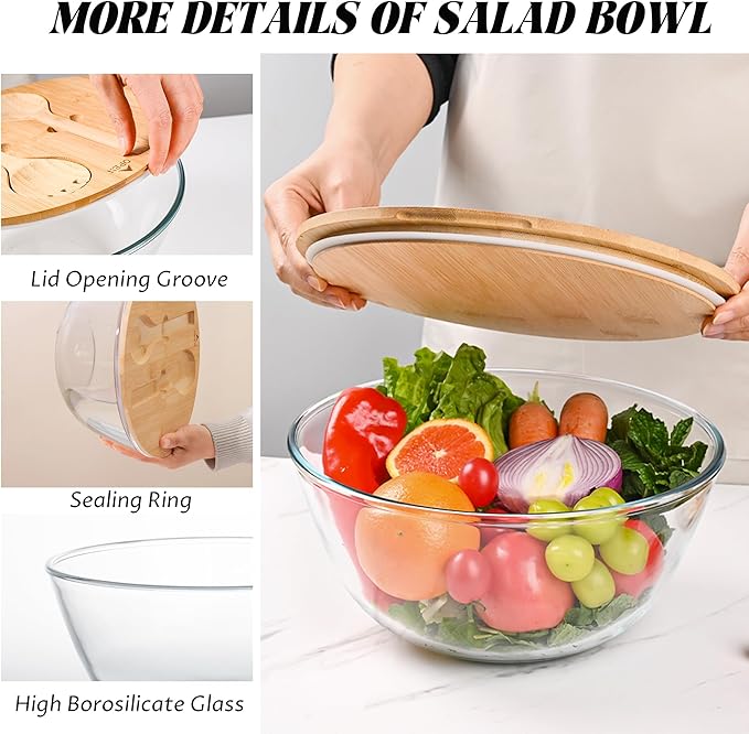 LOVYANXUE 10.6" Glass Salad Bowl with Sealed Lid, 4.7 Quart Large Capacity Serving and Mixing Bowls with Utensils, Versatile Serving Dish for Salads, Trifle, Fruits, Pasta, Microwave Safe