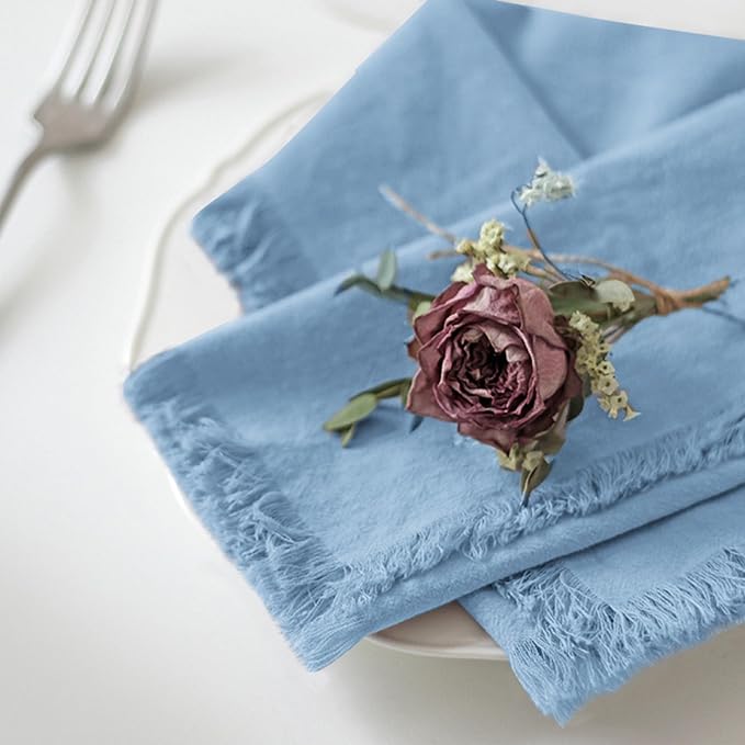 Handmade Cloth Napkins 100% Cotton Napkins with Fringe，Delicate Handmade Cloth Napkins for Dinners, Parties, Weddings and More，18 x 18 Inch Set of 12 - Blue