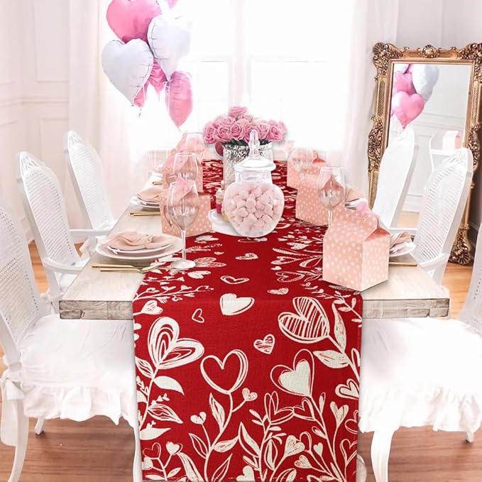 Valentine’s Day Red Heart Love Plant Table Runner 13x90 Inch , Holiday Kitchen Dining Tabletop Runners for Home Indoor Farmhouse Decoration