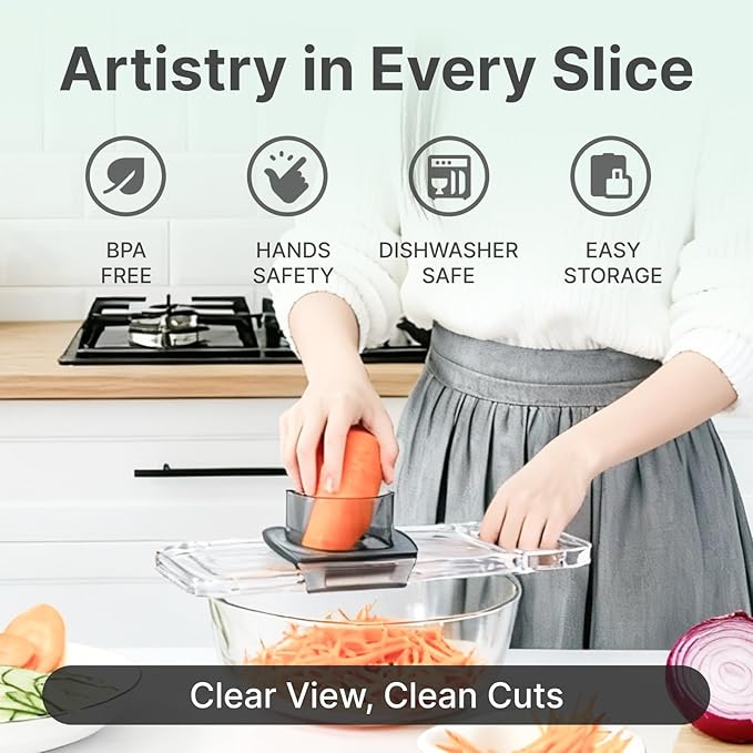 6-in-1 Mandoline Slicer for Kitchen - Easy to Use Vegetable Chopper & Compact Julienne Slicer with Safe Guard & Crystal Clear Body - Handheld Food Slicer Cutter for Healthy Salad, Potato, Onion