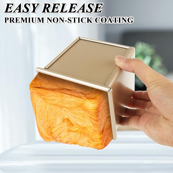 CertBuy 2 Pack Mini Pullman Loaf Pan with Lid, 0.55Lb Dough Capacity, 3.9" x 3.9"x 3.8" Non-Stick Bakeware for Baking Bread, Loaf Bread Baking Pan Gold