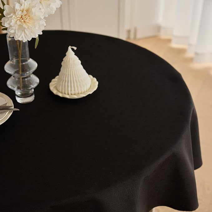 Waterproof Linen Texture Table Cloth for Round Dining Table, Decorative Fabric Anti-Scratch Table Cover for Indoor Outdoor Party Dining & Kitchen Table (70 Inch, Round (4-6 Seats), Black)