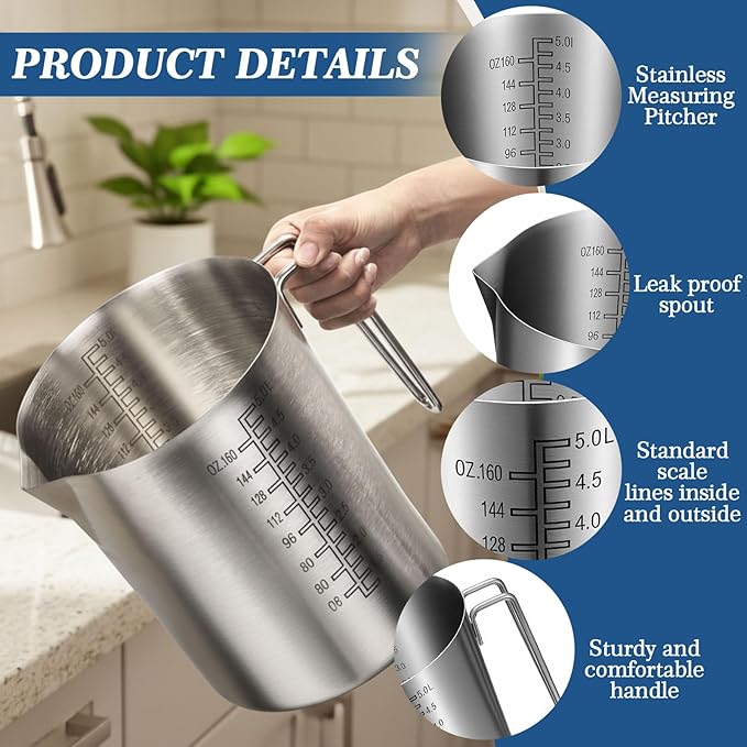 1 Pc 5L Stainless Steel Measuring Pitcher, 169oz Stainless Steel Measuring Cup with Handle, Spout and Lid, Large Capacity Dual Sided Measurement Markings Design for Baking, Brewing Cooking