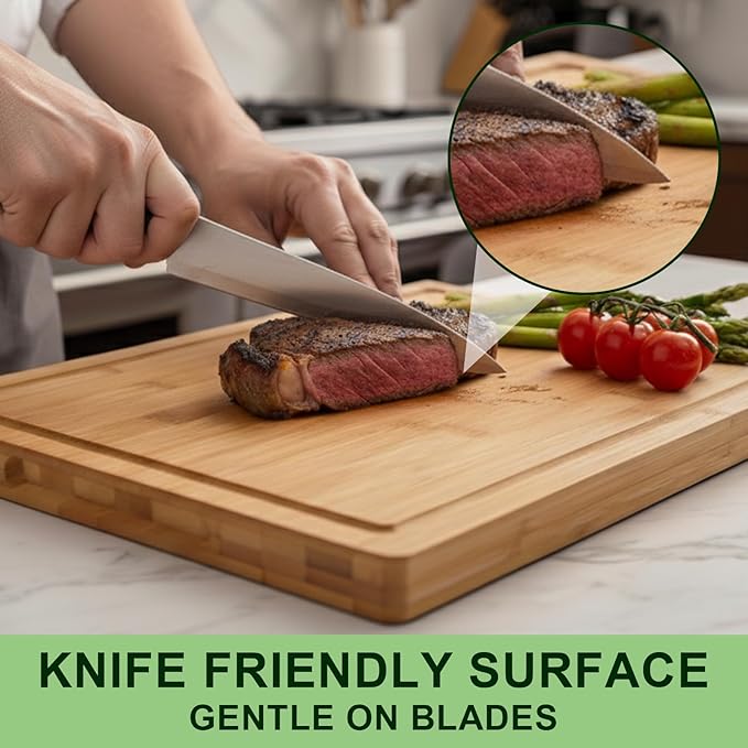 Tafopue Bamboo Cutting Board for Kitchen, Thickened Chopping Board with Juice Groove & Handles, Large Double Sided Butcher Block for Meat, Vegetables & Charcuterie Serving, 17x12x1 Inch