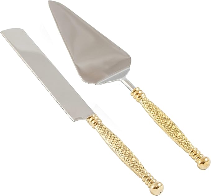 Server Set, Cake, Pie, Desert Flatware Set, String of Beads Design, 2-piece 18/10 Stainless steel with brass handles (light antique gold finish)…