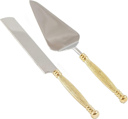 Server Set, Cake, Pie, Desert Flatware Set, String of Beads Design, 2-piece 18/10 Stainless steel with brass handles (light antique gold finish)…