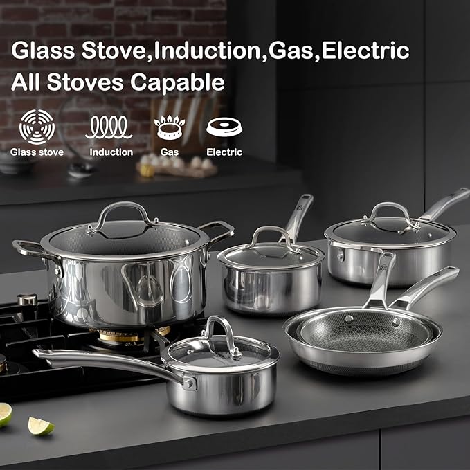 Pots and Pans Set Non Stick, 10 Pcs Hybrid Stainless Steel Cookware Sets, Non Stick Frying Pans, Saucepans, Saute Pan & Stock Pot, PFOA Free Kitchen Skillet,Induction Compatible