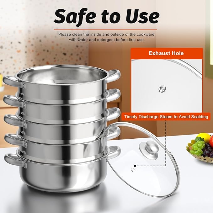 5 Tier Steamer Cooker,Home Steam Pot Set,Multi tier Stainless Steel Kitchen Cookware Hot Pot for Cooking Vegetables, Seafood, Soups, Stews and Pasta (Silver, 14.37 * 15.55in)