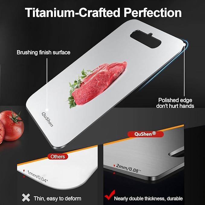 QuShen Titanium Cutting Board, 100% Pure Titanium Cutting Boards for Kitchen, Double Sided Food-Grade Chopping Board - Dishwasher Safe Easy to Clean (12"L x 9"W)