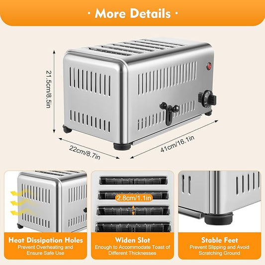 Stainless Steel 6 Slice Toaster, Electric Bread Baking Machine Commercial Toaster with Crumb Tray and Timer Bread Toasters for Home Kitchen Restaurant Bakery (2 Modes/1680W)