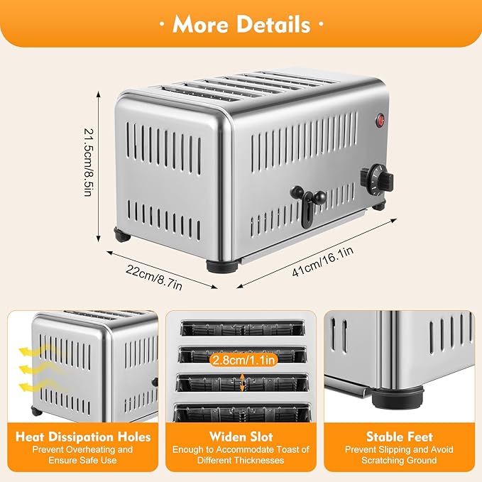 6-Slice Toaster Bread Baking Machine, 1-5 minute Timing Stainless Steel 1680W Commercial Electric Countertop Toaster with Extra Wide Slots & Crumb Tray for Toasting Bagels, Breads, Waffles & More