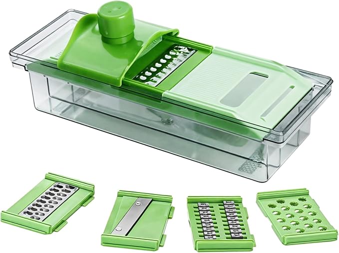 Multi-Purpose Kitchen Mandoline Slicer, Vegetable Cutter with Stainless Steel Blades, Safe Plastic, and Hand Guard - Ideal for Onions, Potatoes, Carrots