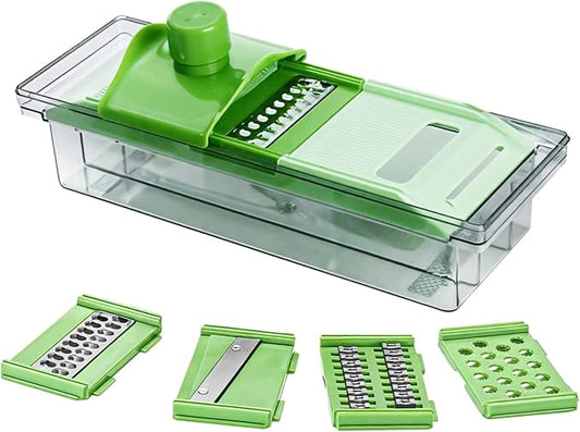 Multi-Purpose Kitchen Mandoline Slicer, Vegetable Cutter with Stainless Steel Blades, Safe Plastic, and Hand Guard - Ideal for Onions, Potatoes, Carrots