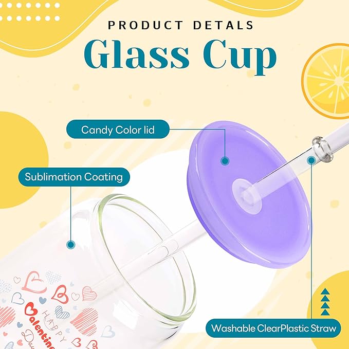 Joyclub 12 Pack Clear Sublimation Glass Cups Blanks 16 OZ Borosilicate Can Glass Tumblers with Acrylic Lids for Beer, Juice, Soda, Iced Coffee