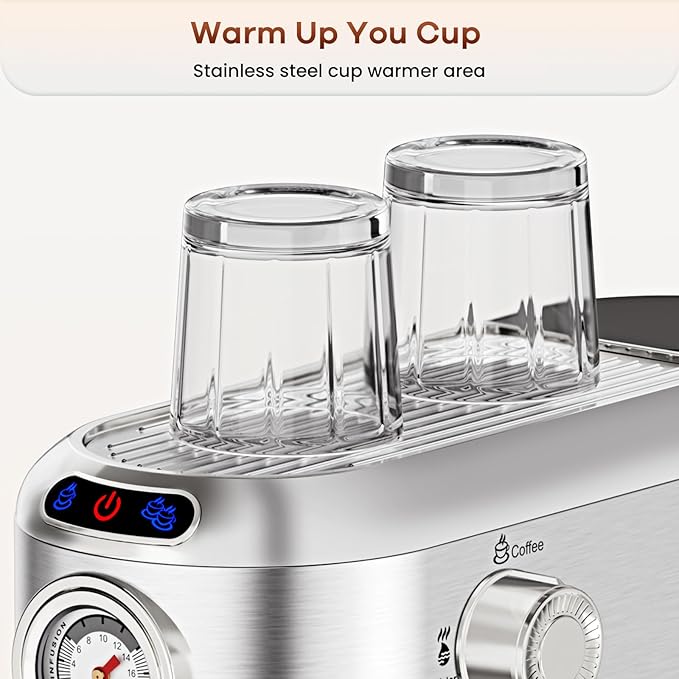 ANYCOLD Espresso Machine, 20 Bar Compact Espresso Maker with Steam Milk Frother, Stainless Steel Expresso Machines for Home, 34oz Removable Water Tank for Latte, Cappuccino, Silver