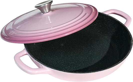 Flavehc Braiser Enameled Cast Iron Braiser 2.25 qt Braiser Pan with Lid Pink Shallow Cast Iron Casserole Braiser Pan with Handels